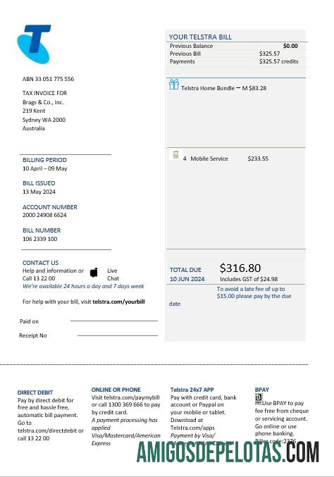 realista Modelo de conta de serviços públicos de telecomunicações da Austrália Telstra em formato Word e PDF